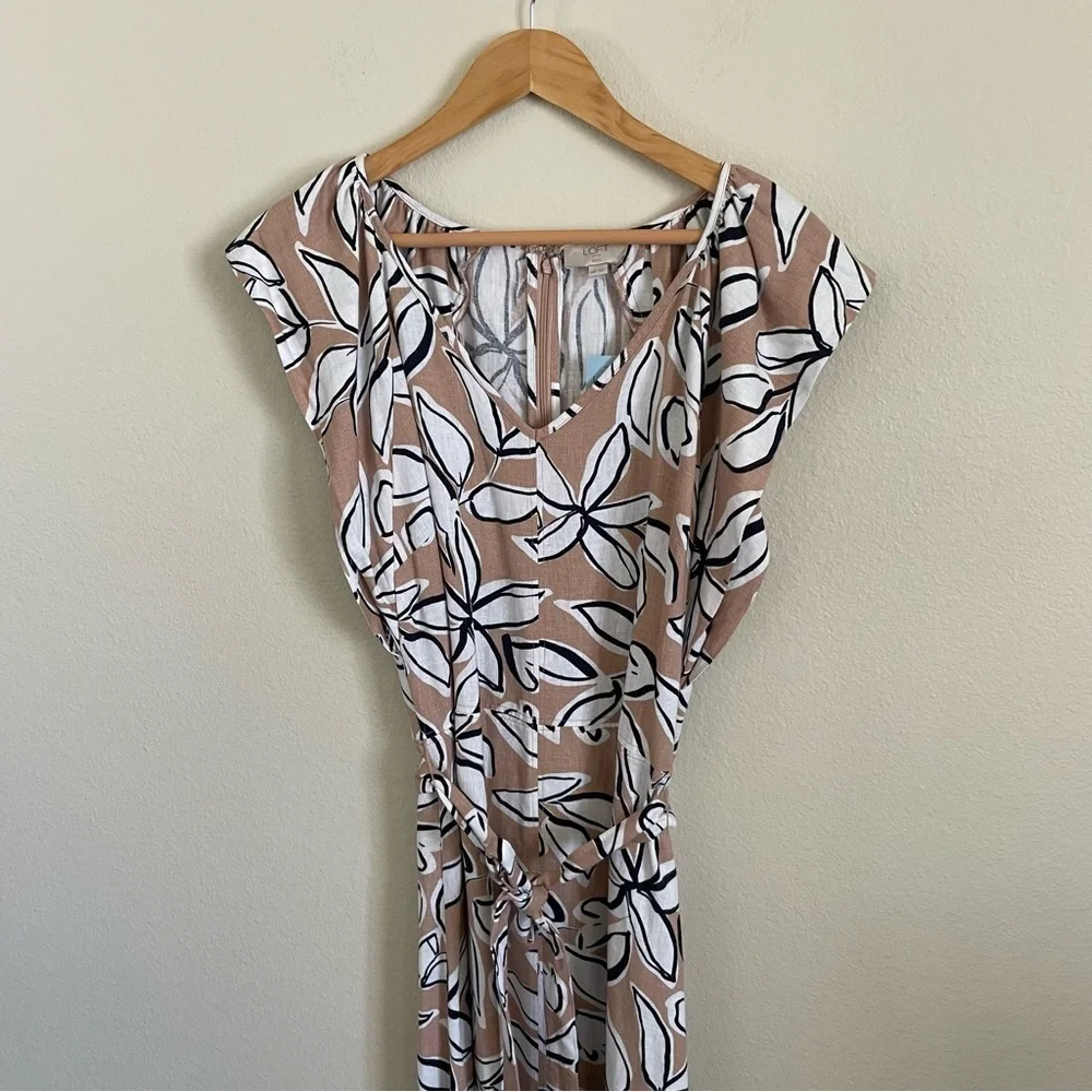 NWT Loft Outlet Linen Blend Floral Print Ivory Tan Navy Dress Size 14P